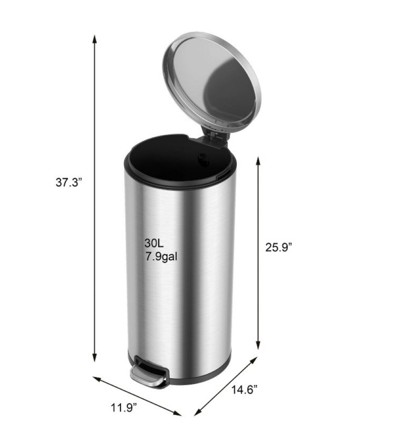 30L Stainless Steel Trash Bin - Silver